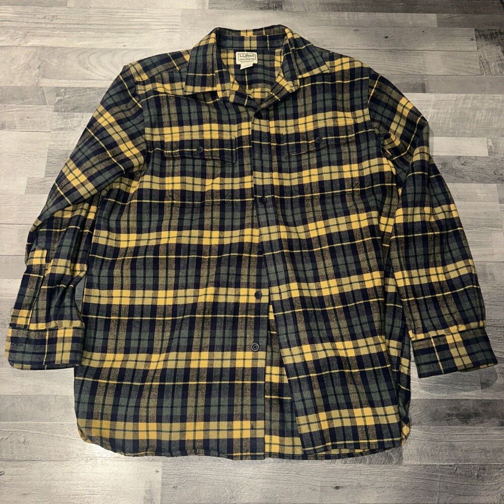 LL Bean Traditional Fit Men's L Tall Blue Green Yellow Plaid Flannel Shirt